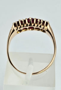 1173: Vintage: Rare - 9ct Gold 5-Stone Rubies Scroll Set Ring