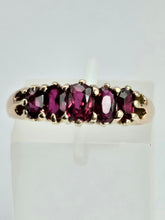 Cargar imagen en el visor de la galería, 1173: Vintage: Rare - 9ct Gold 5-Stone Rubies Scroll Set Ring
