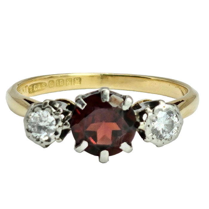 6360 Vintage: 18ct Gold Almandine Garnet Diamonds 3-Stone Straight Ring