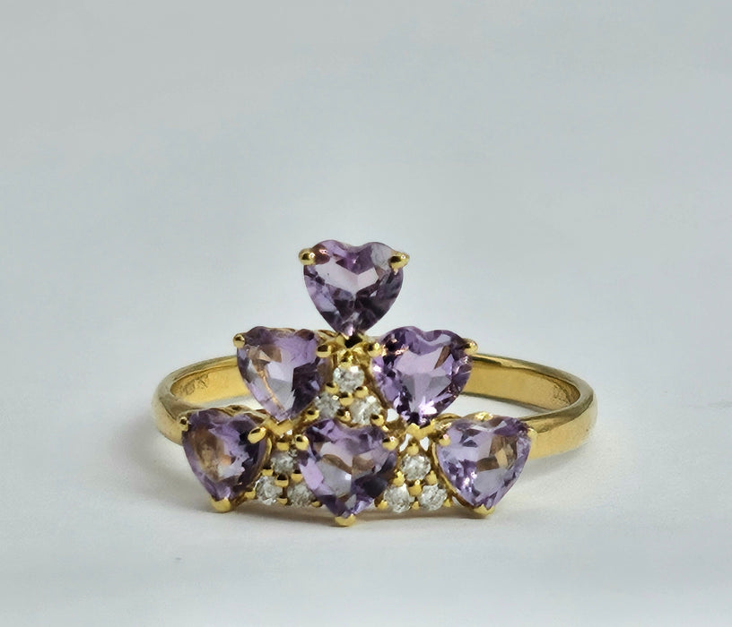 1497: Vintage: Rare 18ct Gold Lilac Amethyst Diamonds Tiered Ring- eclectic elegance