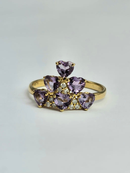 1497: Vintage: Rare 18ct Gold Lilac Amethyst Diamonds Tiered Ring- eclectic elegance