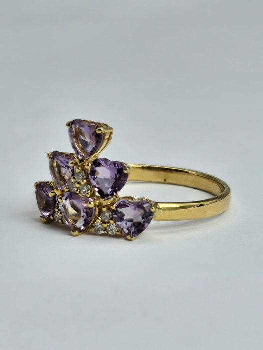1497: Vintage: Rare 18ct Gold Lilac Amethyst Diamonds Tiered Ring- eclectic elegance