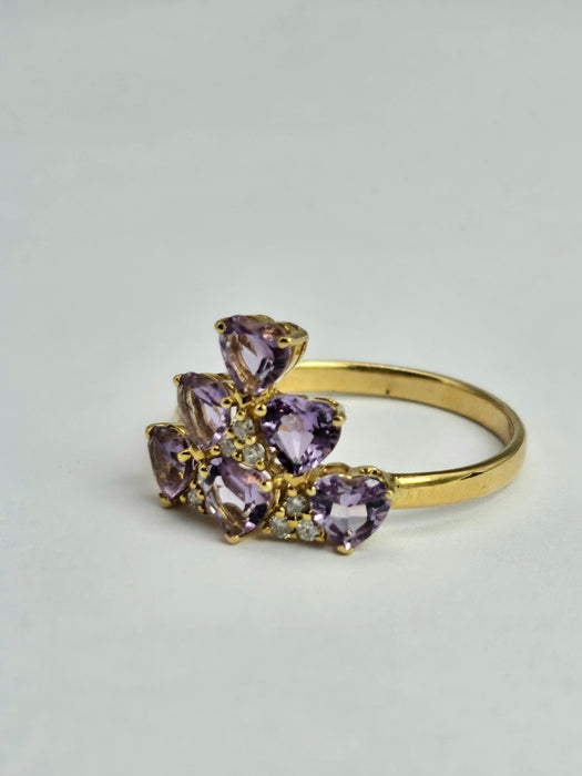 1497: Vintage: Rare 18ct Gold Lilac Amethyst Diamonds Tiered Ring- eclectic elegance
