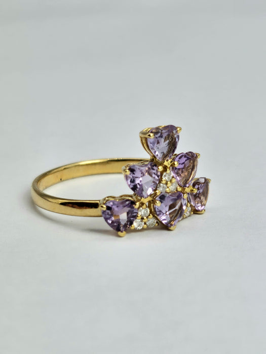 1497: Vintage: Rare 18ct Gold Lilac Amethyst Diamonds Tiered Ring- eclectic elegance