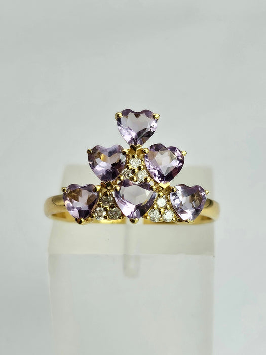 1497: Vintage: Rare 18ct Gold Lilac Amethyst Diamonds Tiered Ring- eclectic elegance