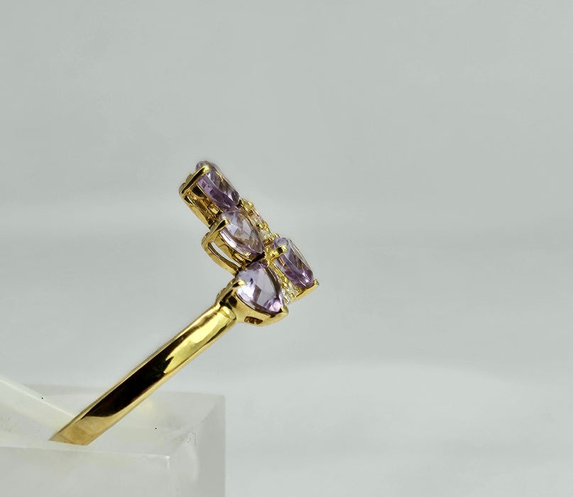 1497: Vintage: Rare 18ct Gold Lilac Amethyst Diamonds Tiered Ring- eclectic elegance