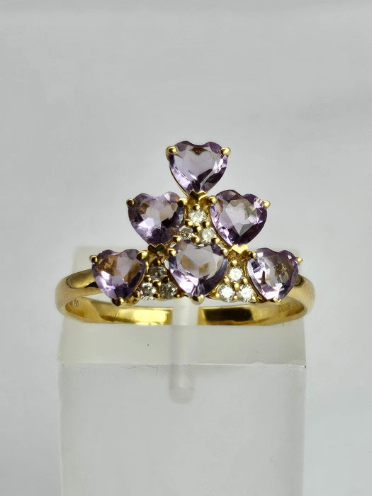 1497: Vintage: Rare 18ct Gold Lilac Amethyst Diamonds Tiered Ring- eclectic elegance