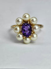 Load image into Gallery viewer, 1358: Vintage 9ct Gold Amethyst Pearls Flower Head Ring- finest quality
