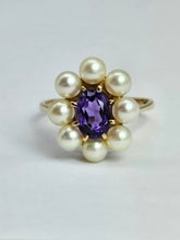 Load image into Gallery viewer, 1358: Vintage 9ct Gold Amethyst Pearls Flower Head Ring- finest quality
