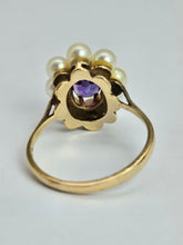 Load image into Gallery viewer, 1358: Vintage 9ct Gold Amethyst Pearls Flower Head Ring- finest quality
