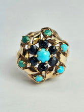 Load image into Gallery viewer, 1510: Vintage: 9ct Gold Turquoises Sapphires Cluster Ring- from 1964
