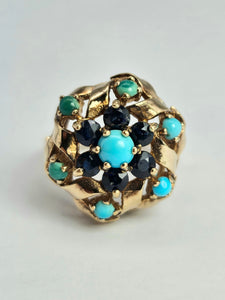 1510: Vintage: 9ct Gold Turquoises Sapphires Cluster Ring- from 1964