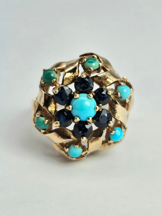 6362 Vintage: 9ct Gold Turquoises Sapphires Cluster Ring- from 1964