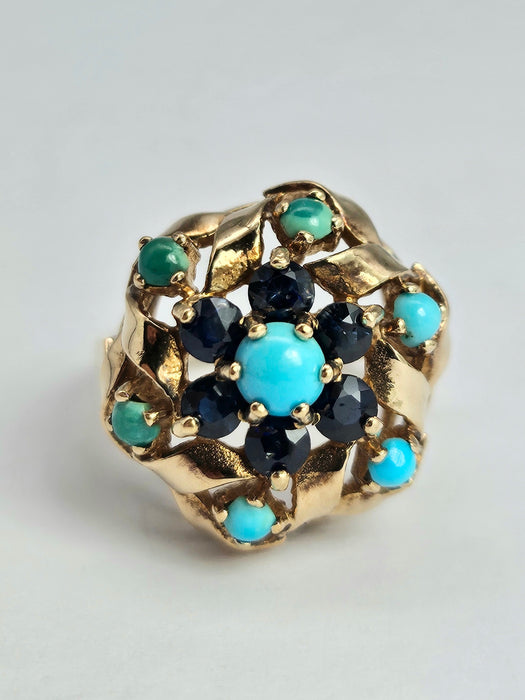 6362 Vintage: 9ct Gold Turquoises Sapphires Cluster Ring- from 1964