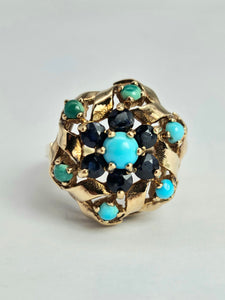 1510: Vintage: 9ct Gold Turquoises Sapphires Cluster Ring- from 1964