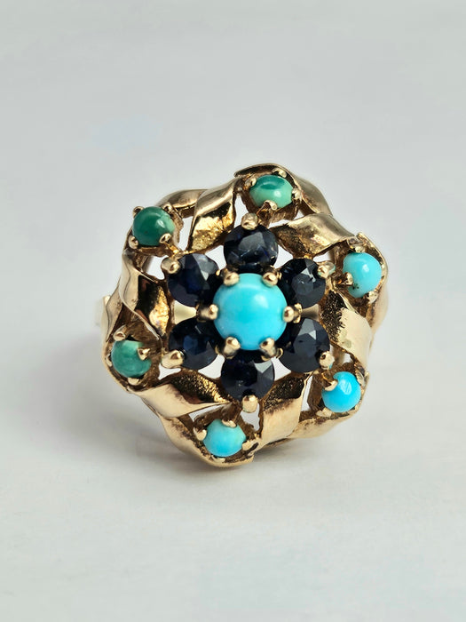 6362 Vintage: 9ct Gold Turquoises Sapphires Cluster Ring- from 1964