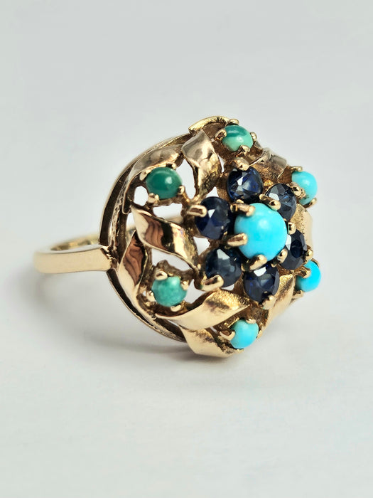 6362 Vintage: 9ct Gold Turquoises Sapphires Cluster Ring- from 1964