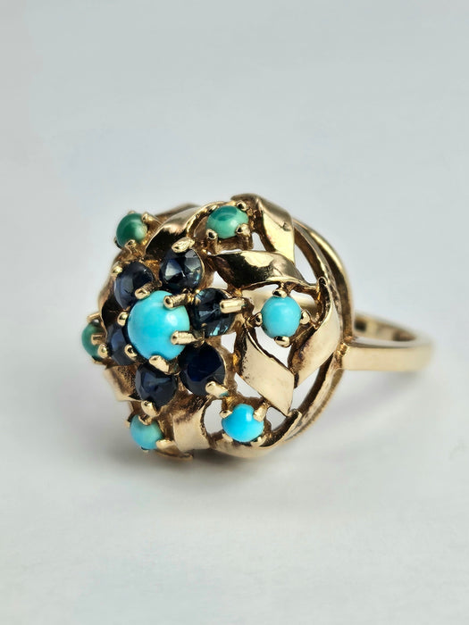 6362 Vintage: 9ct Gold Turquoises Sapphires Cluster Ring- from 1964
