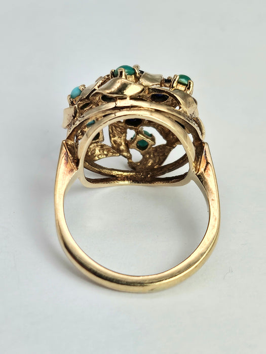 6362 Vintage: 9ct Gold Turquoises Sapphires Cluster Ring- from 1964