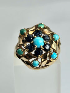 1510: Vintage: 9ct Gold Turquoises Sapphires Cluster Ring- from 1964