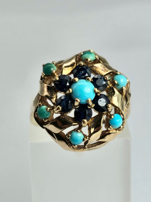 6362 Vintage: 9ct Gold Turquoises Sapphires Cluster Ring- from 1964