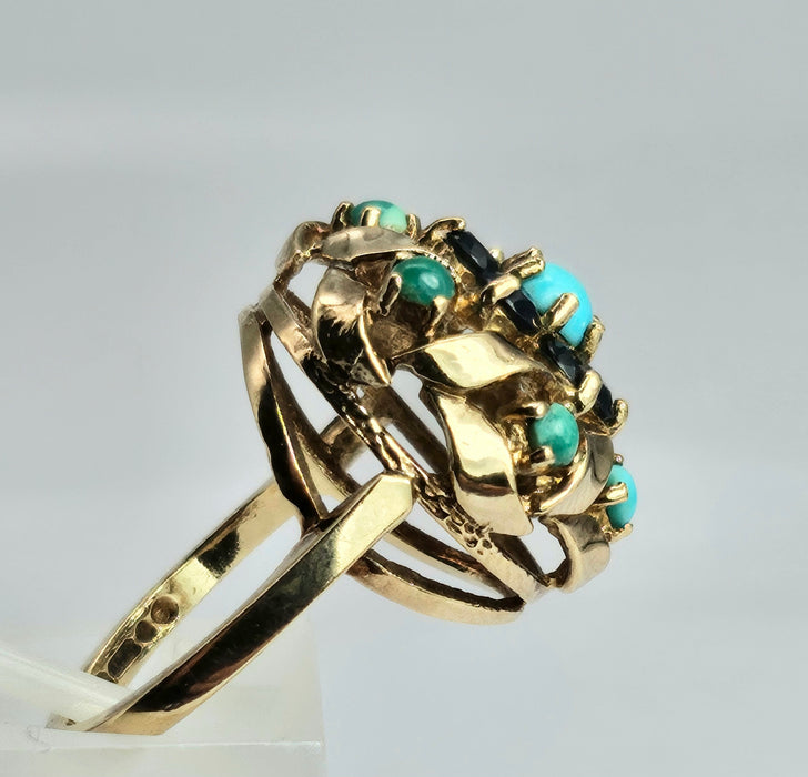 6362 Vintage: 9ct Gold Turquoises Sapphires Cluster Ring- from 1964