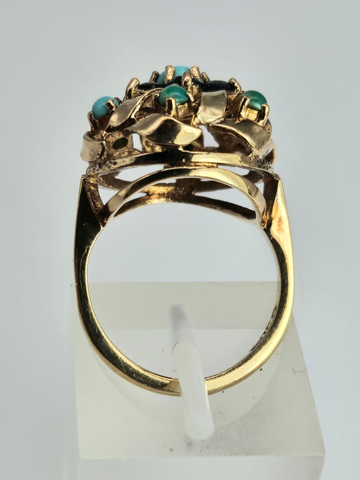 6362 Vintage: 9ct Gold Turquoises Sapphires Cluster Ring- from 1964