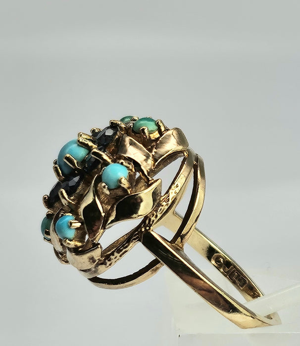 6362 Vintage: 9ct Gold Turquoises Sapphires Cluster Ring- from 1964