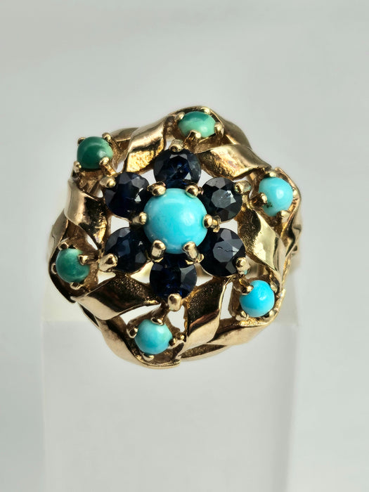 6362 Vintage: 9ct Gold Turquoises Sapphires Cluster Ring- from 1964