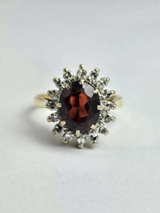 6354  Vintage: 18ct Gold Pyrobe Garnet (1.84ct) Diamonds (0.4ct) Flower Head Ring- exceptional