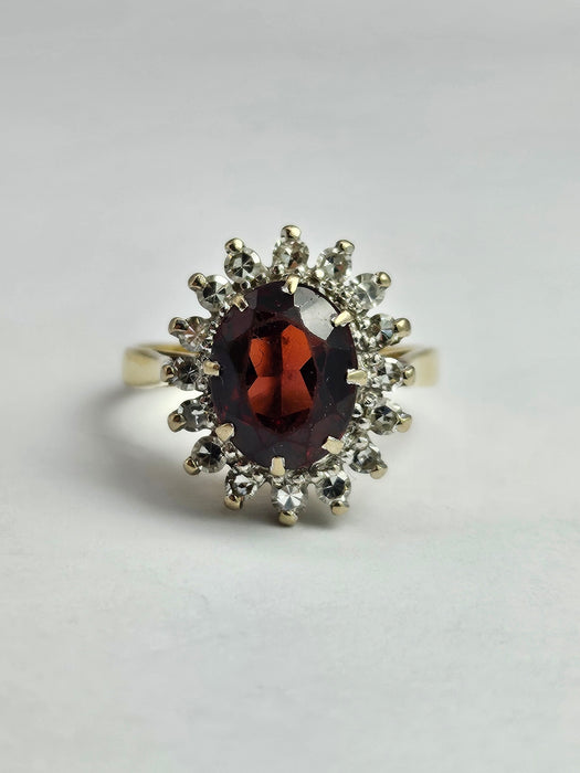 6354  Vintage: 18ct Gold Pyrobe Garnet (1.84ct) Diamonds (0.4ct) Flower Head Ring- exceptional