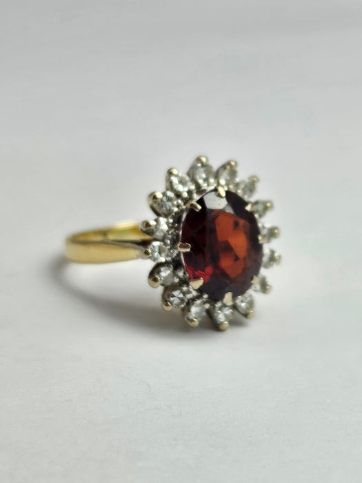 6354  Vintage: 18ct Gold Pyrobe Garnet (1.84ct) Diamonds (0.4ct) Flower Head Ring- exceptional