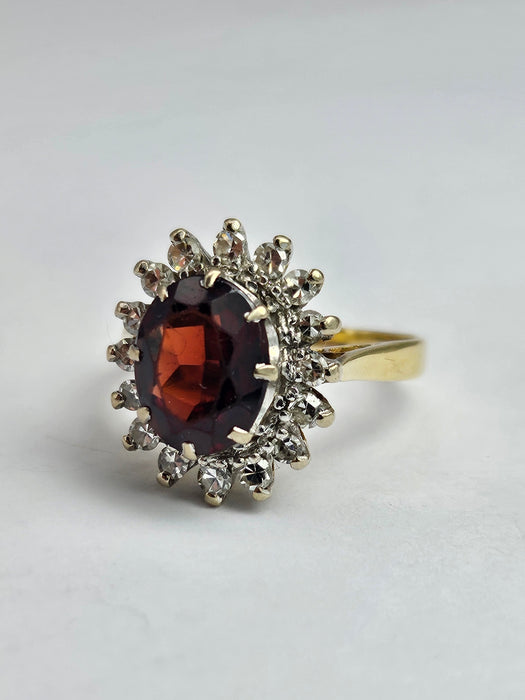 6354  Vintage: 18ct Gold Pyrobe Garnet (1.84ct) Diamonds (0.4ct) Flower Head Ring- exceptional