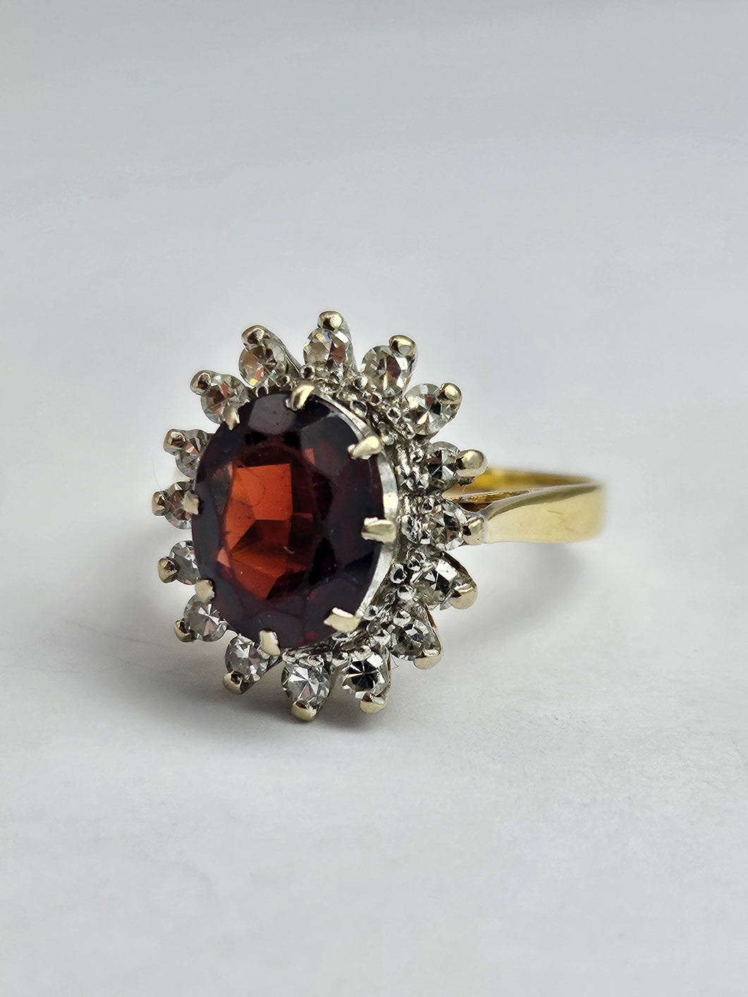 6354  Vintage: 18ct Gold Pyrobe Garnet Diamonds Flower Head Ring- exceptional