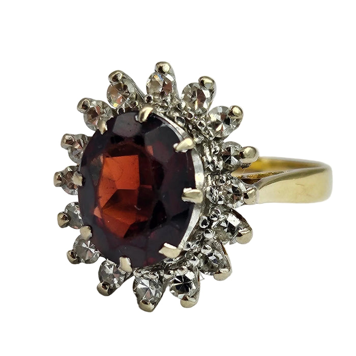 6354  Vintage: 18ct Gold Pyrobe Garnet (1.84ct) Diamonds (0.4ct) Flower Head Ring- exceptional