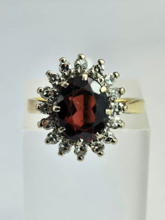 6354  Vintage: 18ct Gold Pyrobe Garnet (1.84ct) Diamonds (0.4ct) Flower Head Ring- exceptional