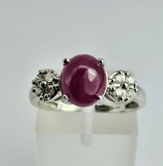 6514 Vintage: 18ct White Gold Cabochon Ruby & Diamond Dress Ring