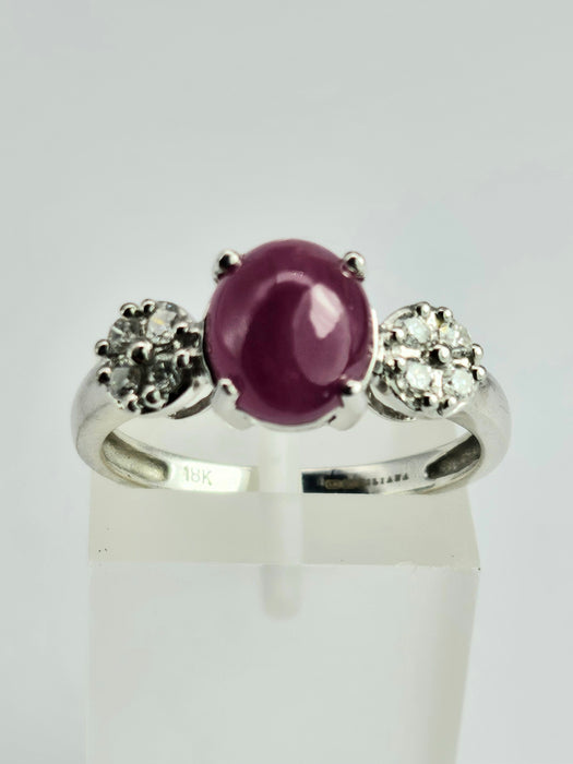 6514 Vintage: 18ct White Gold Cabochon Ruby & Diamond Dress Ring