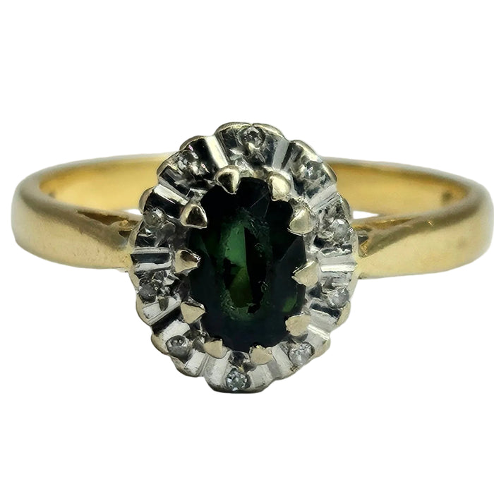 6361 Vintage: 18ct Gold Green Garnet Diamonds Halo Cluster Ring- From 1972