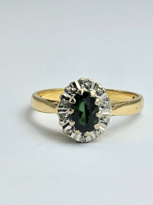 6361 Vintage: 18ct Gold Green Garnet Diamonds Halo Cluster Ring- From 1972