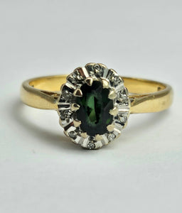 1509: Vintage: 18ct Gold Green Garnet Diamonds Halo Cluster Ring- From 1972