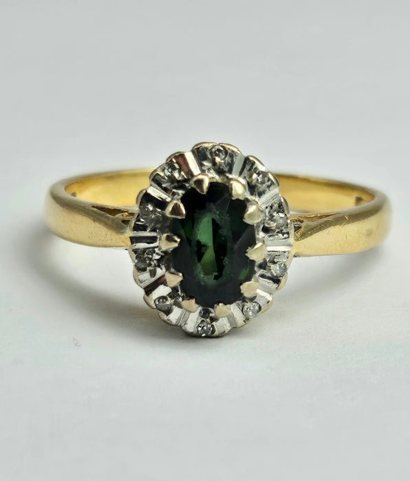 6361 Vintage: 18ct Gold Green Garnet Diamonds Halo Cluster Ring- From 1972