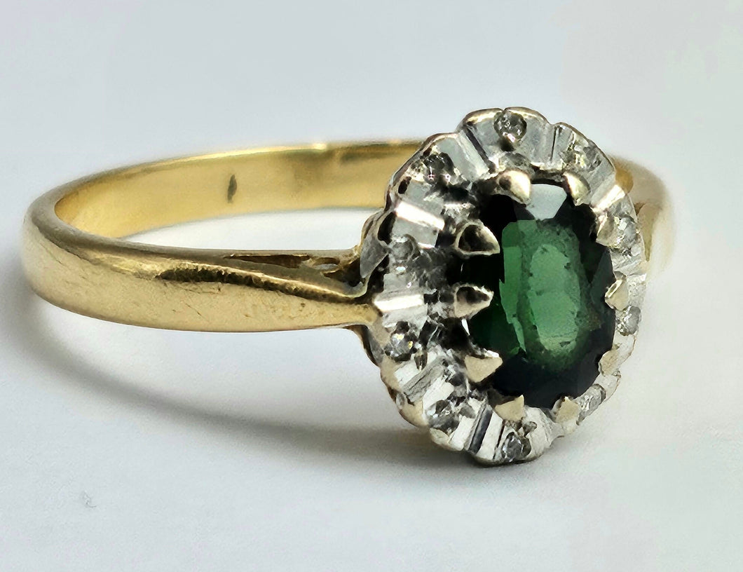 6361 Vintage: 18ct Gold Green Garnet Diamonds Halo Cluster Ring- From 1972