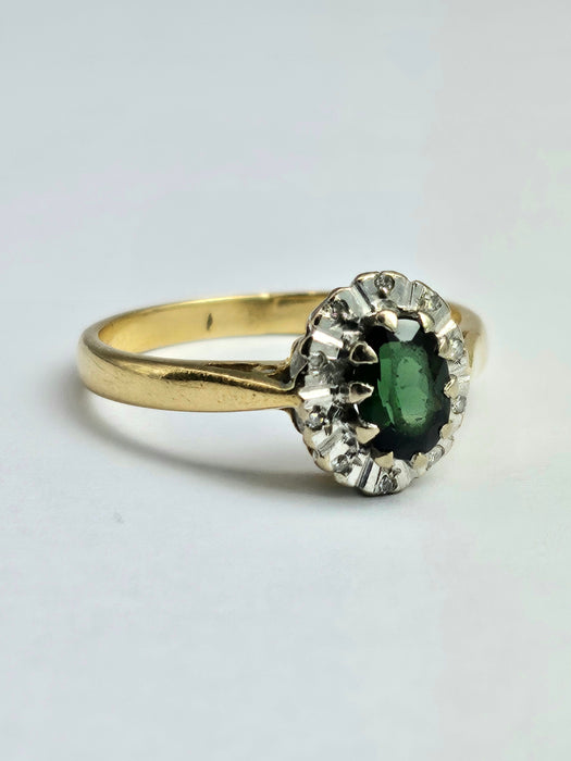 6361 Vintage: 18ct Gold Green Garnet Diamonds Halo Cluster Ring- From 1972