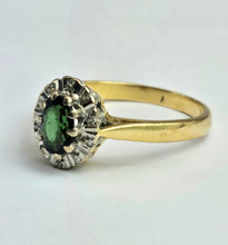 Load image into Gallery viewer, 1509: Vintage: 18ct Gold Green Garnet Diamonds Halo Cluster Ring- From 1972
