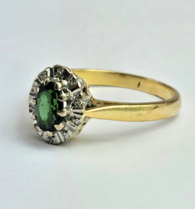 6361 Vintage: 18ct Gold Green Garnet Diamonds Halo Cluster Ring- From 1972