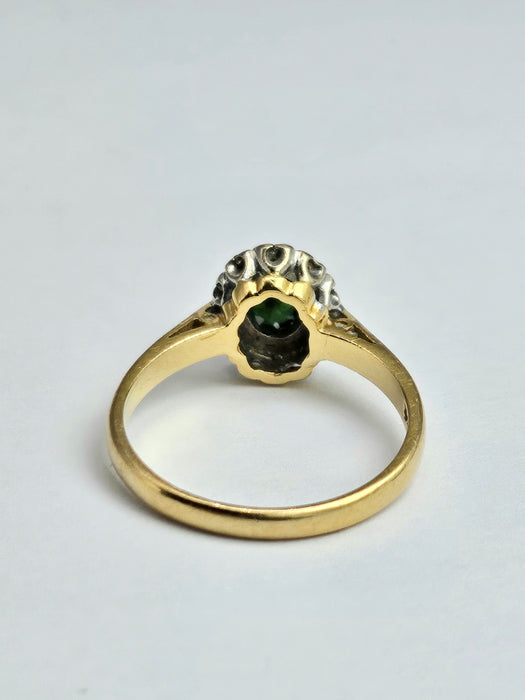 6361 Vintage: 18ct Gold Green Garnet Diamonds Halo Cluster Ring- From 1972
