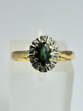 Load image into Gallery viewer, 1509: Vintage: 18ct Gold Green Garnet Diamonds Halo Cluster Ring- From 1972
