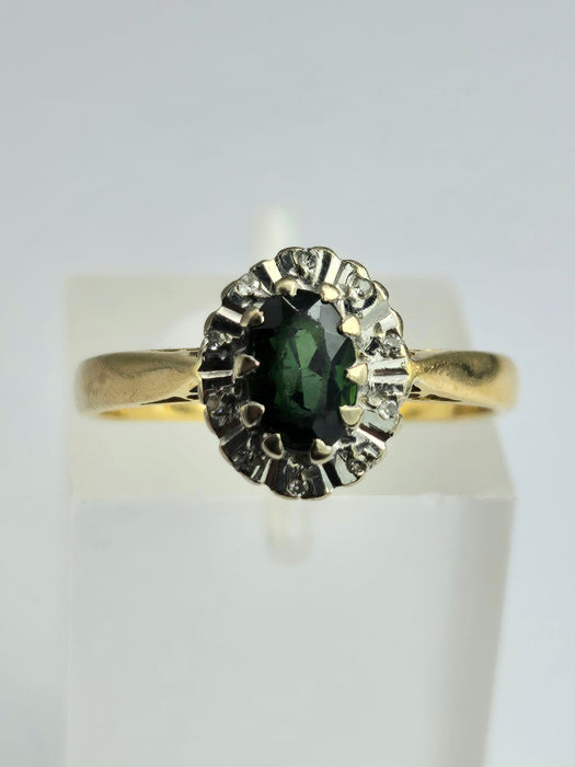 6361 Vintage: 18ct Gold Green Garnet Diamonds Halo Cluster Ring- From 1972