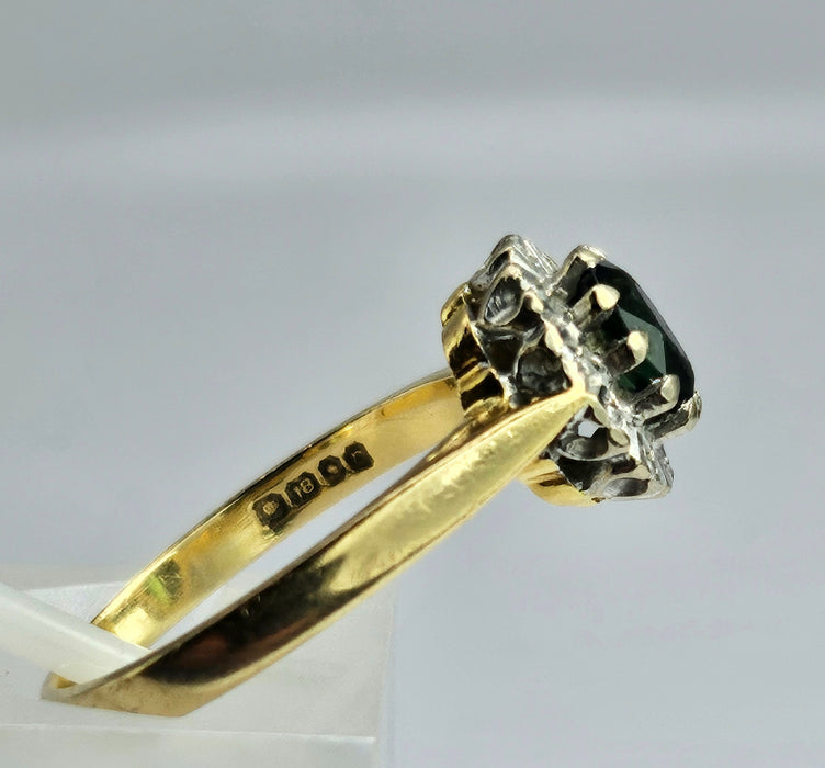 6361 Vintage: 18ct Gold Green Garnet Diamonds Halo Cluster Ring- From 1972